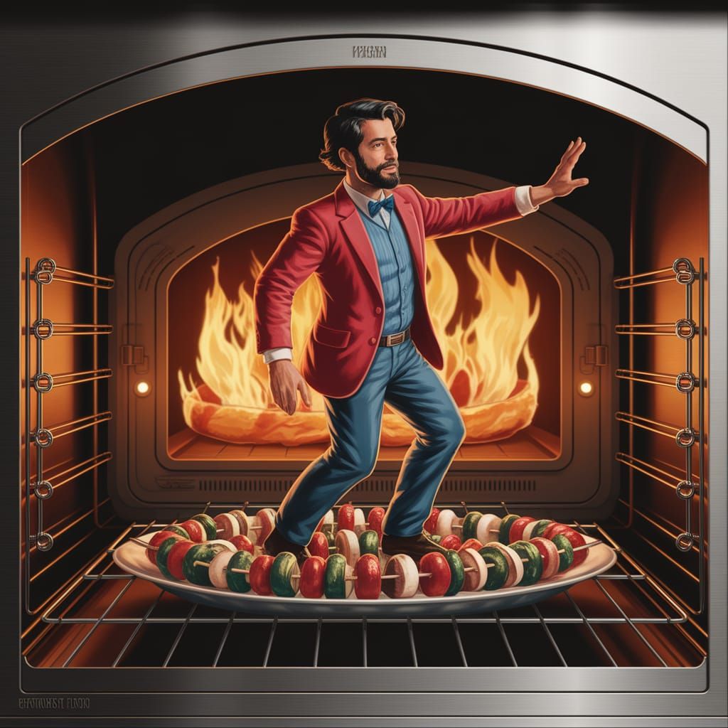 Man on Shish Kabob Skewer in Oven