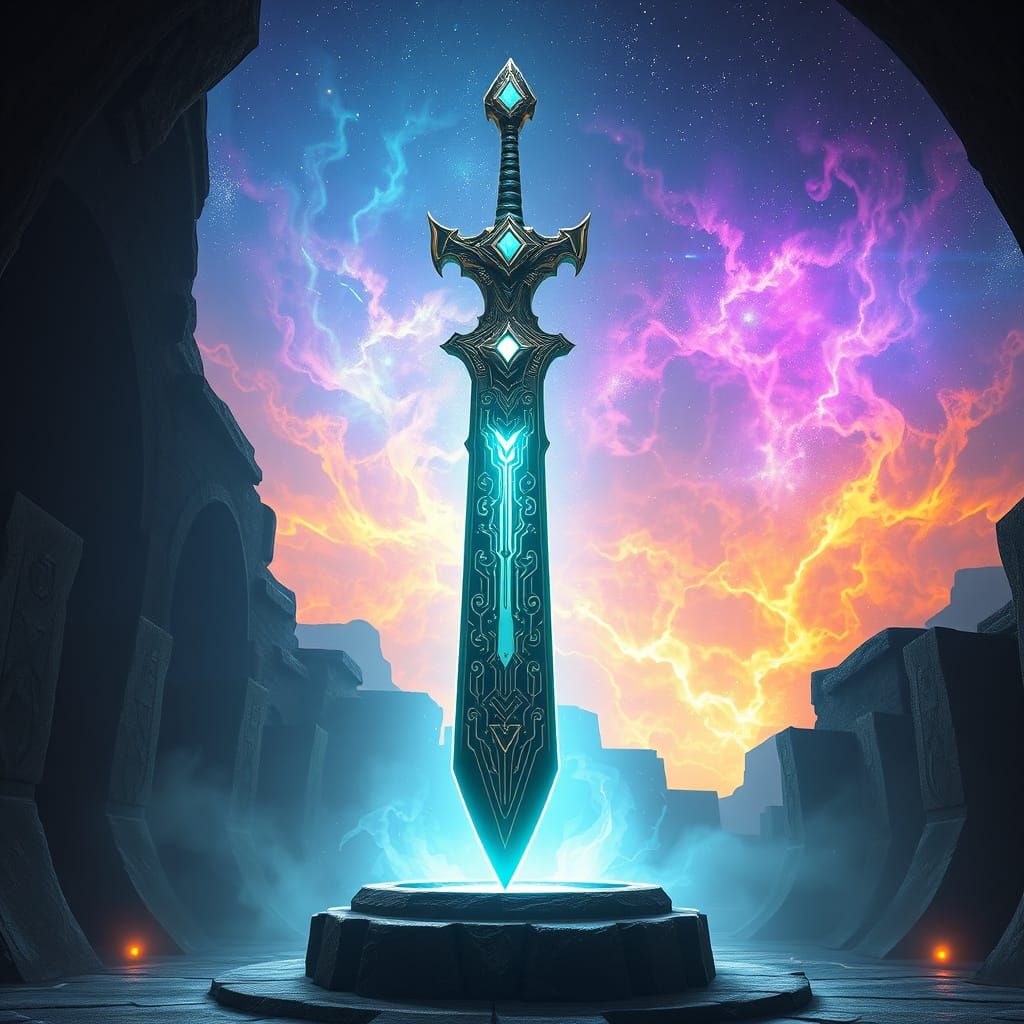 Majestic, Futuristic Excalibur Rises from Ancient Stone Pede...