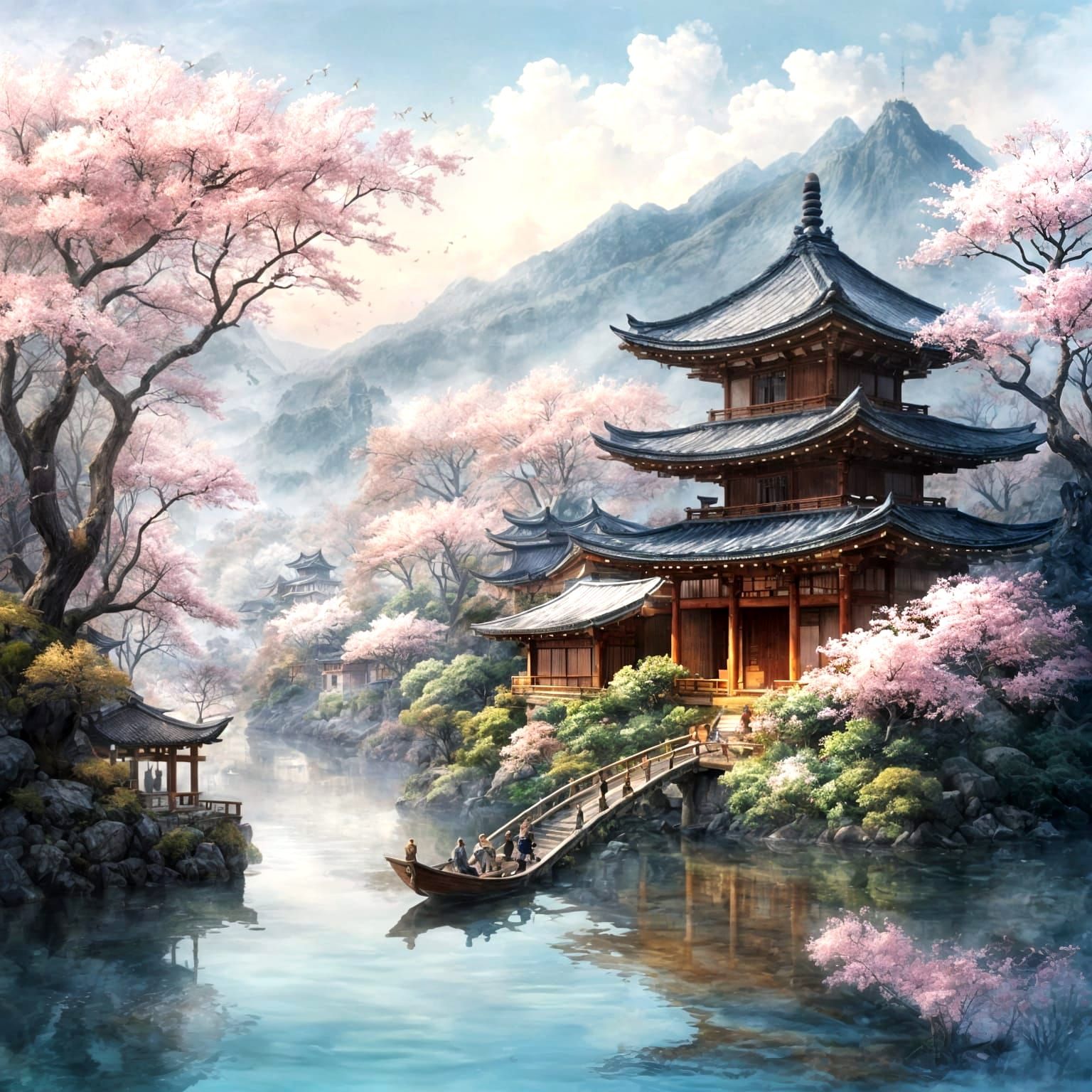 Floating Japanese Village with Cherry Blossoms in Watercolor...