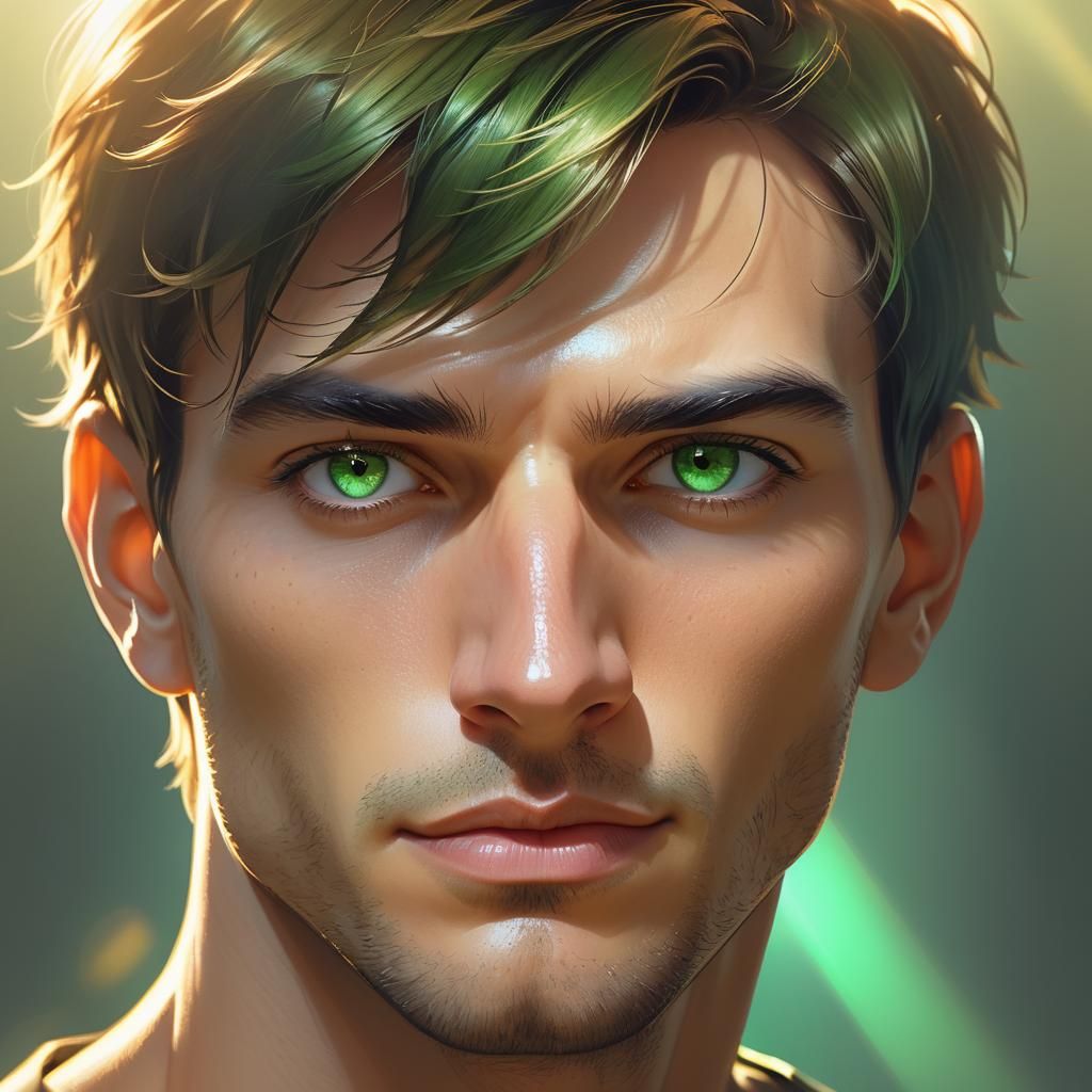 Hyper-Realistic Portrait of a Young Man with Green Eyes