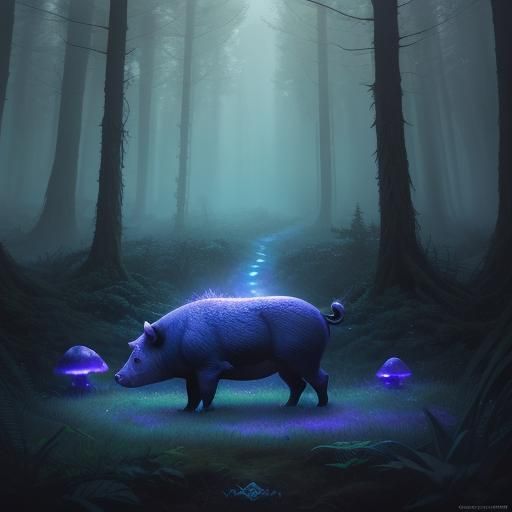 Mystical Pig in Ethereal Forest, Fantasy Art