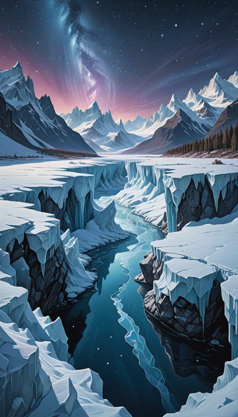 Icy Landscape Under Starry Aurora Night Sky