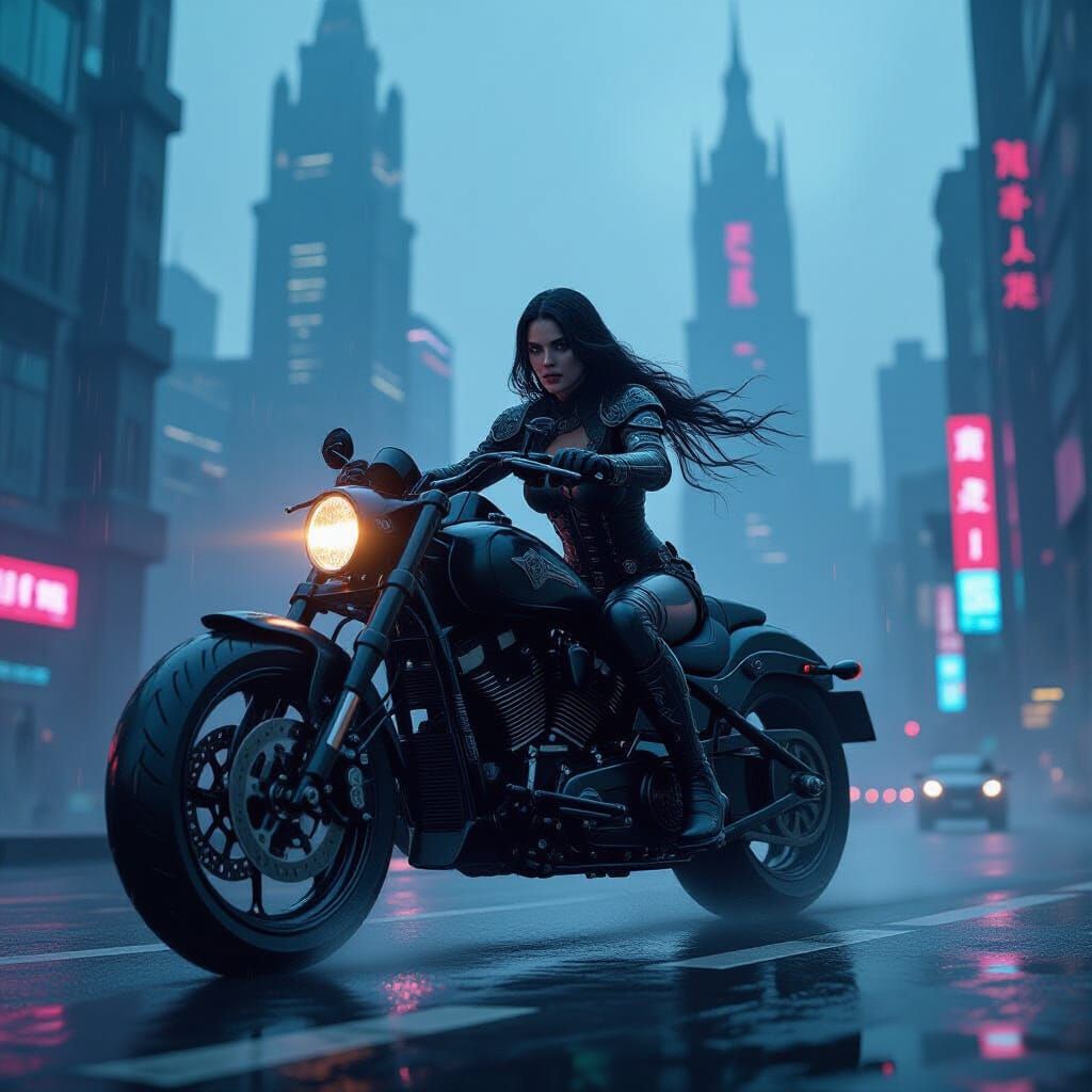 Dark Warrior Rides Spectral Bike in Neon Cyberpunk City