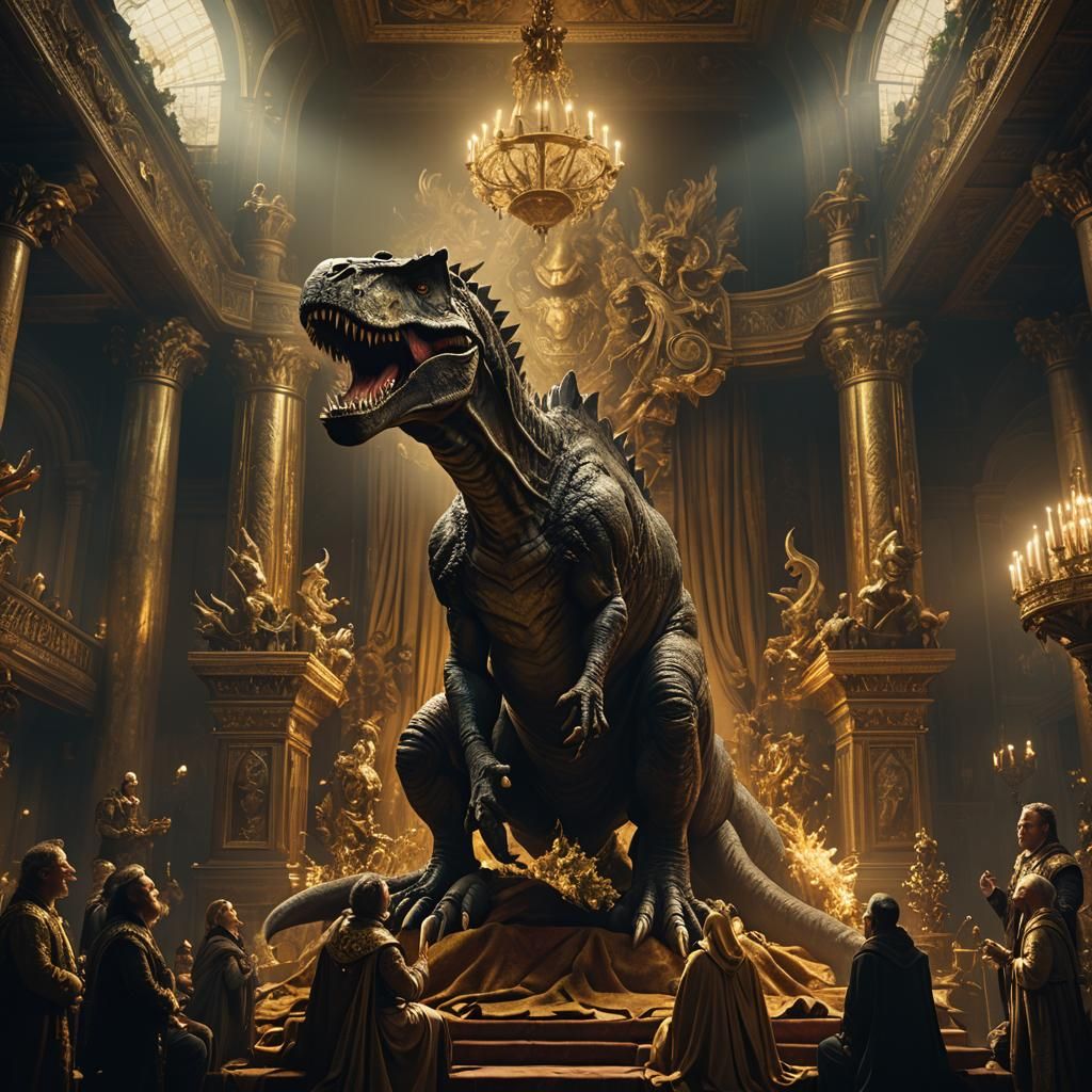 T-Rex King on Throne in Rembrandt Style