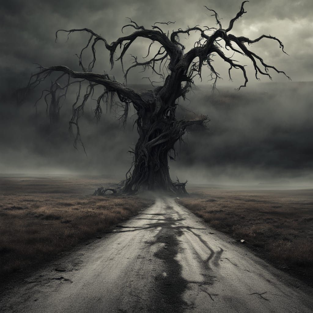 Surreal Dark Fantasy Landscape with Lone Figure