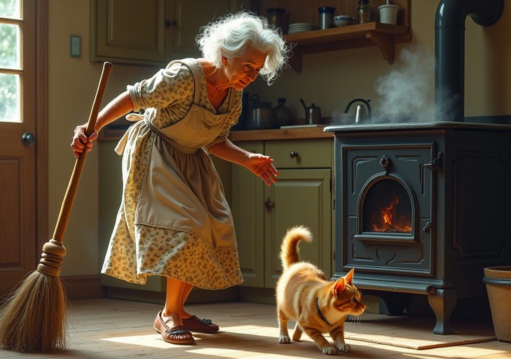 Country Woman Chases Pets in Rockwell Style