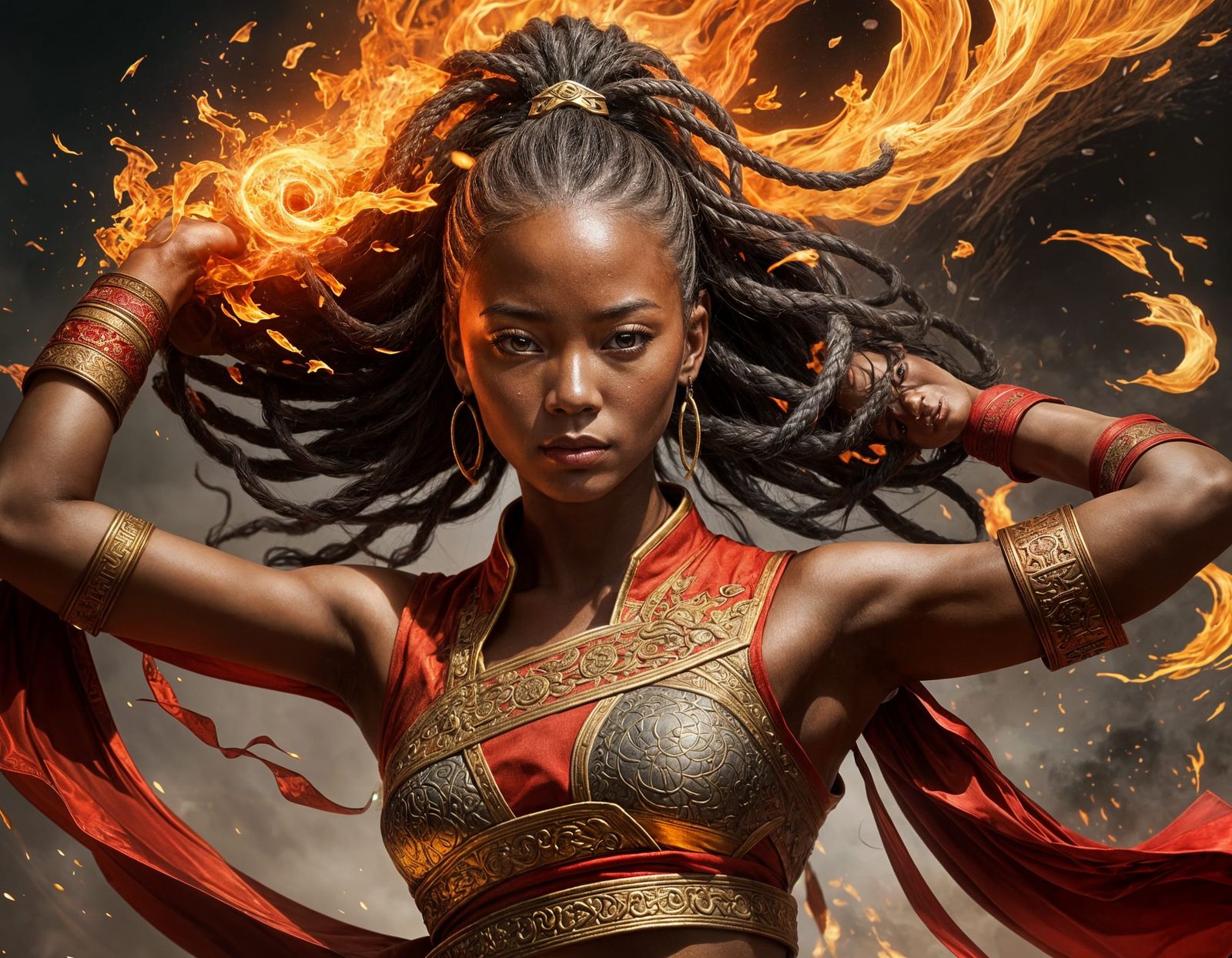 Hyperrealistic African-Chinese Fire Shaolin Portrait
