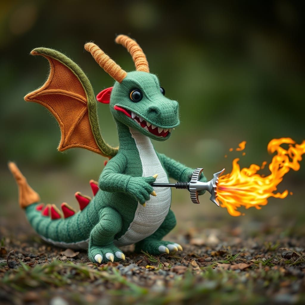 Vibrant Fabric Dragon Engages Armored Hero