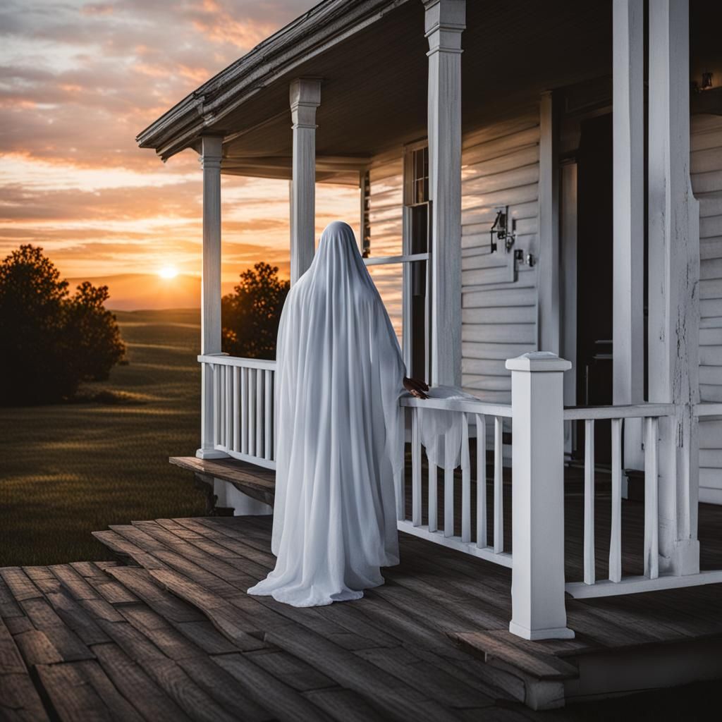 Ghostly Figure Watches Sunset from Porch
