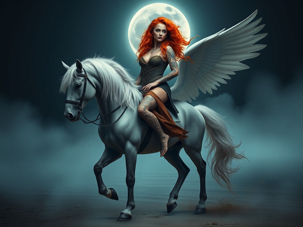 Pegasus and Nymph on Misty Beach in Moonlight