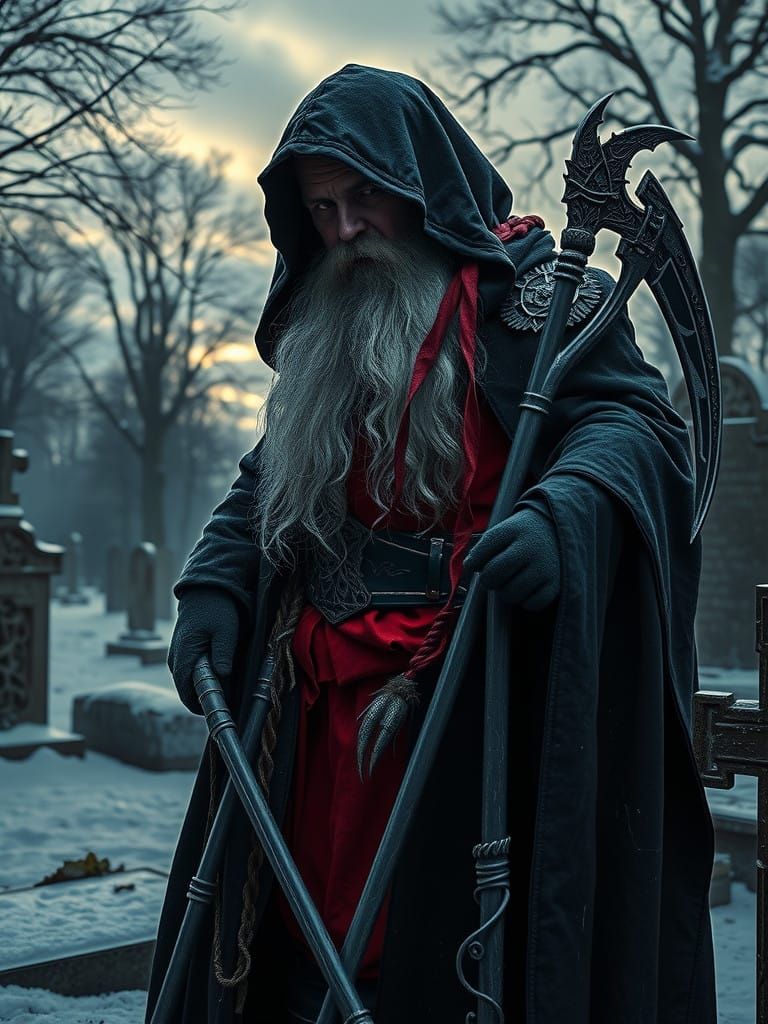 Santa as the Dark Reaper Among Winter Tombs in Gothic Romant...