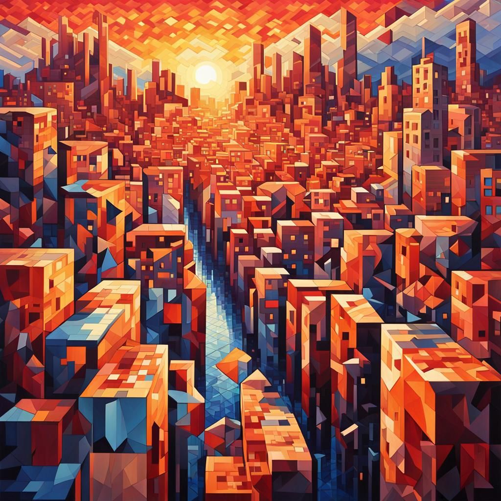 Pixel Art Cityscape Sunset in Cubist Style