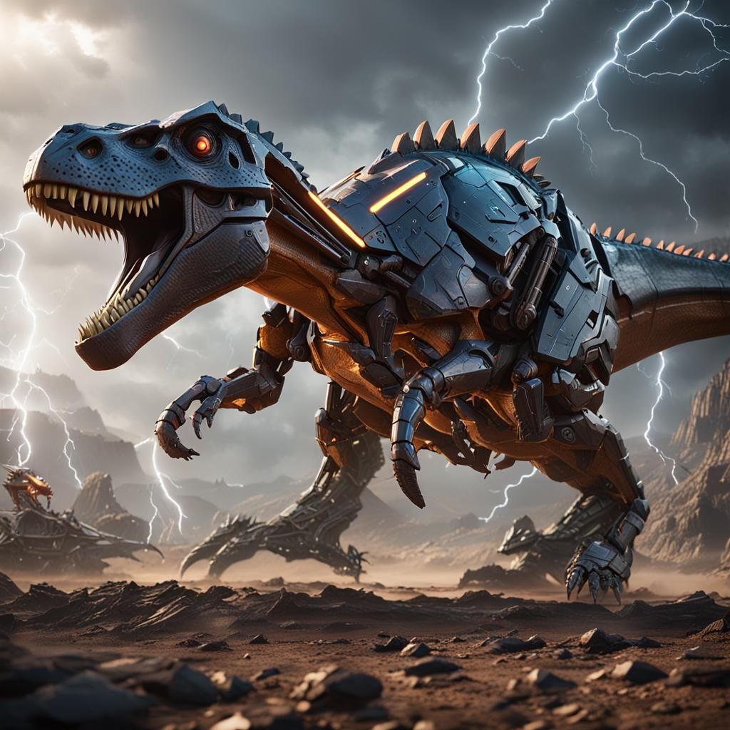 Lightning Dinosaur Mech Fight in Sci-Fi Style