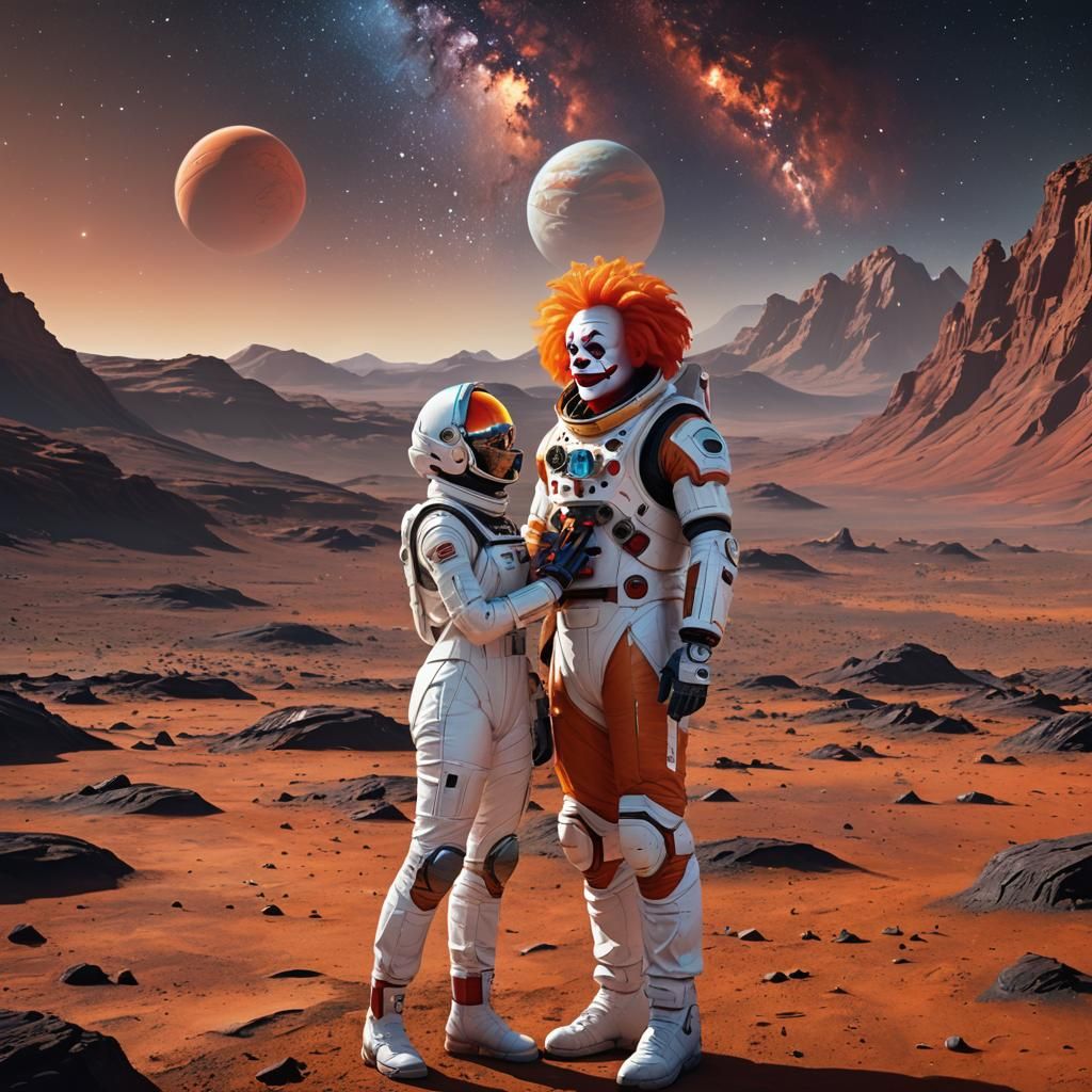 Martian Wedding: Clown and Bride in Space, Digital Art