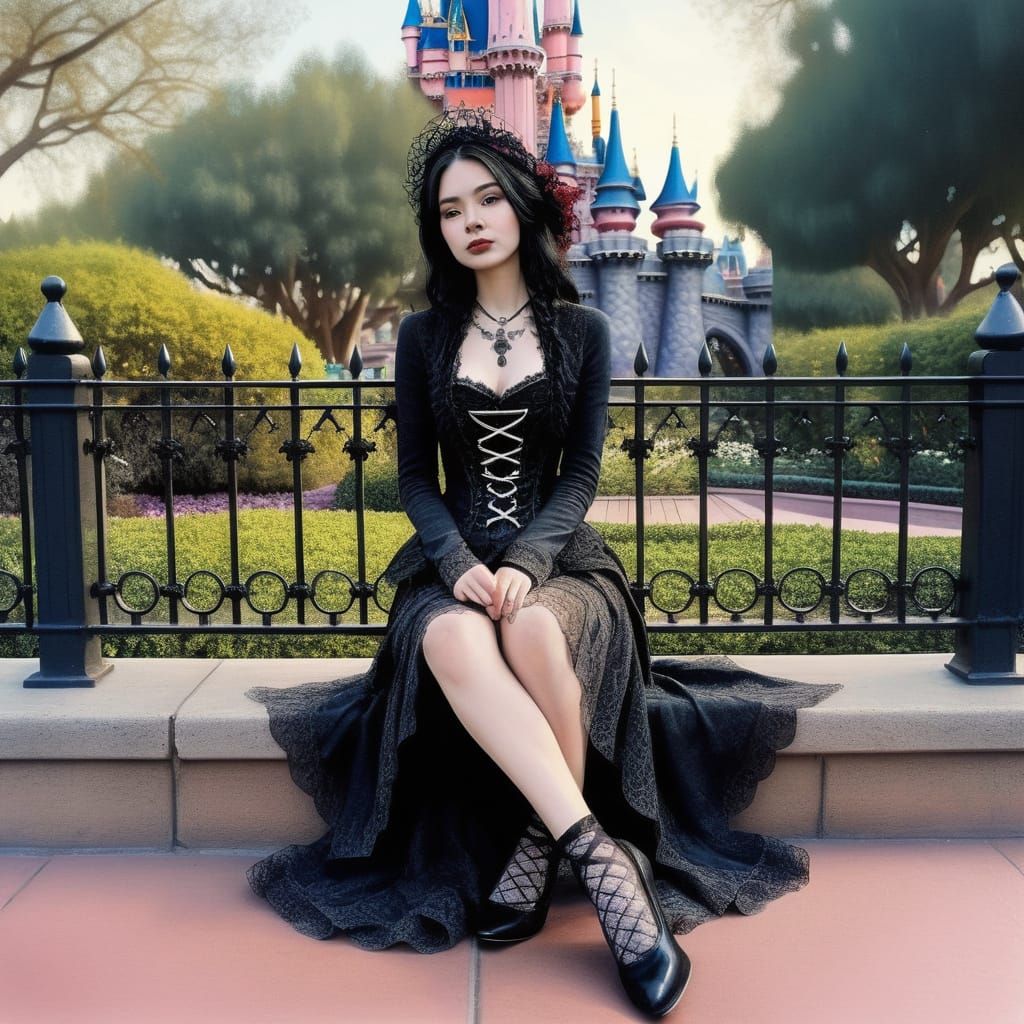 Gothic Woman Drawing in Disneyland, Hyperdetailed Art