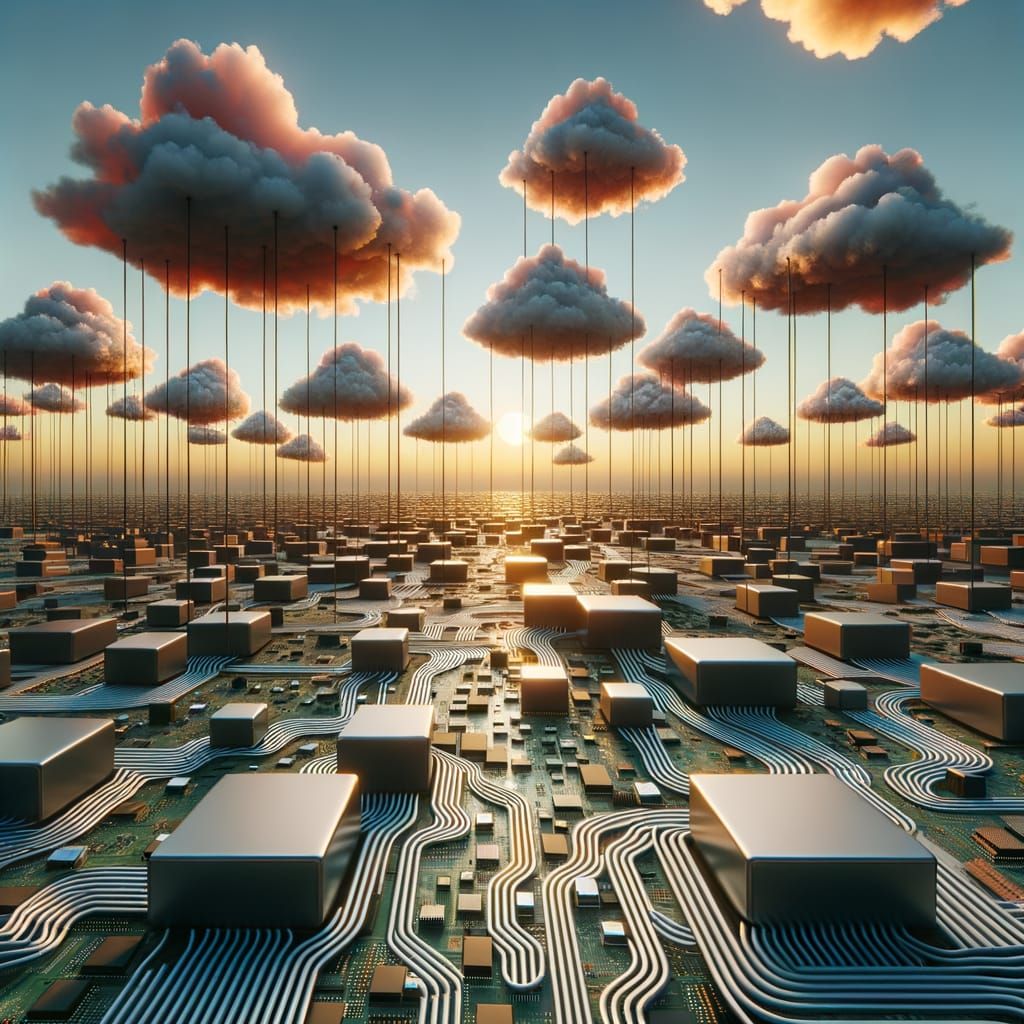 Surreal Tech Landscape with Block Clouds