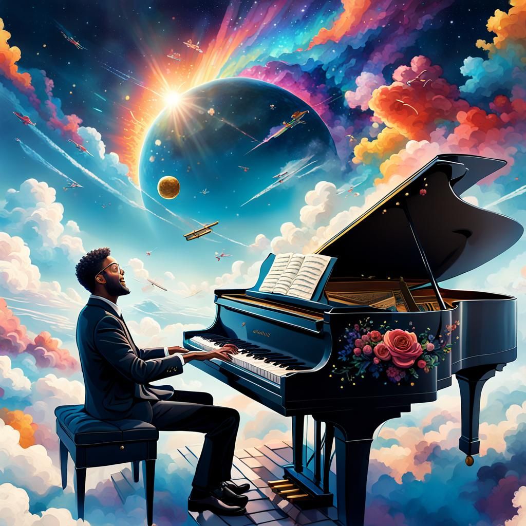 Joyful Pianist Plays in Vivid Sky: Maximalist Art