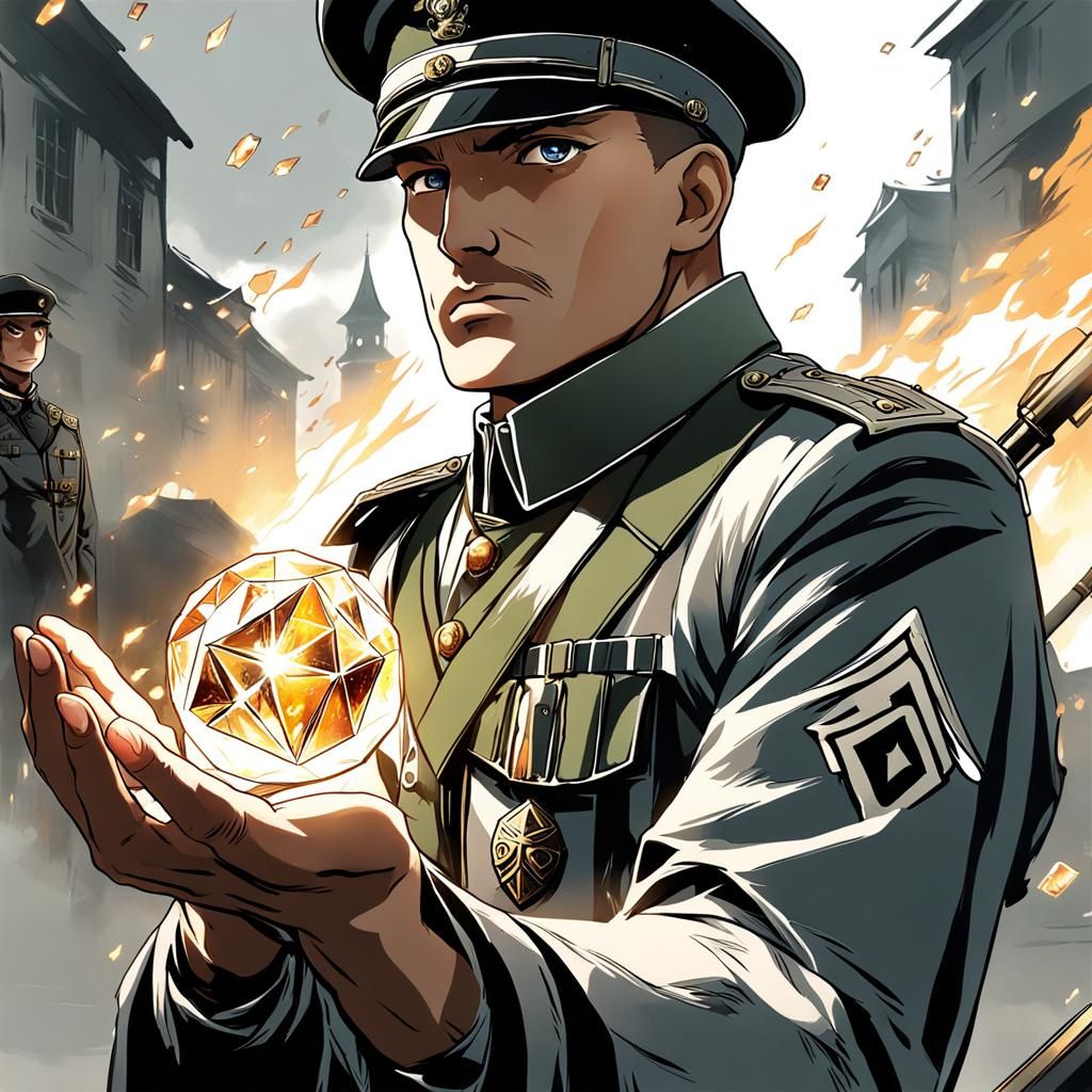 Magic Crystal Held by WWI Soldier in Anime Style