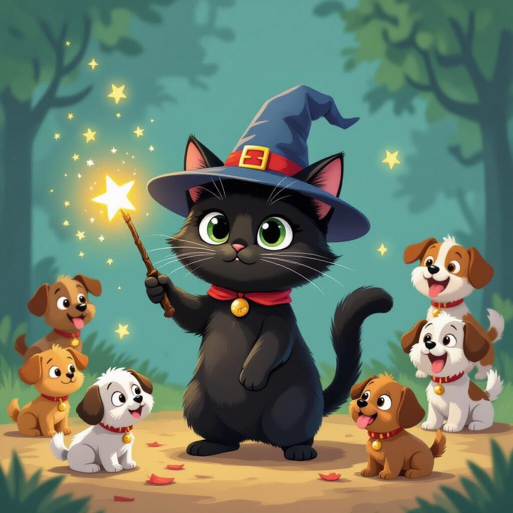 Black Cat Wizard's Spell Backfires with Surprised Dogs