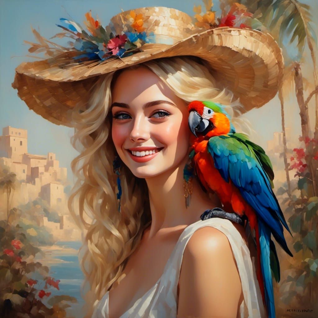 Blonde Woman with Parrot: Dreamy and Colorful