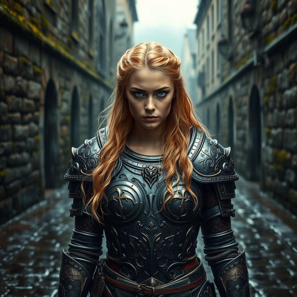 Armored Blonde Warrior in Rainy City, Digital Art