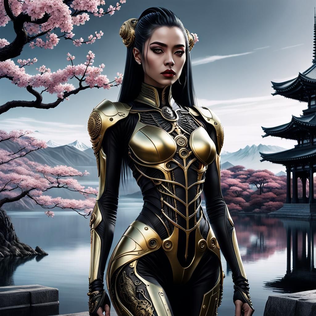 Gothic Cyberpunk Beauty with Sakura Tree, Giger Style