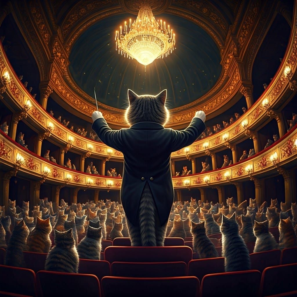 Hyper-Realistic Digital Artwork of Adorable Cat Conductor Le...