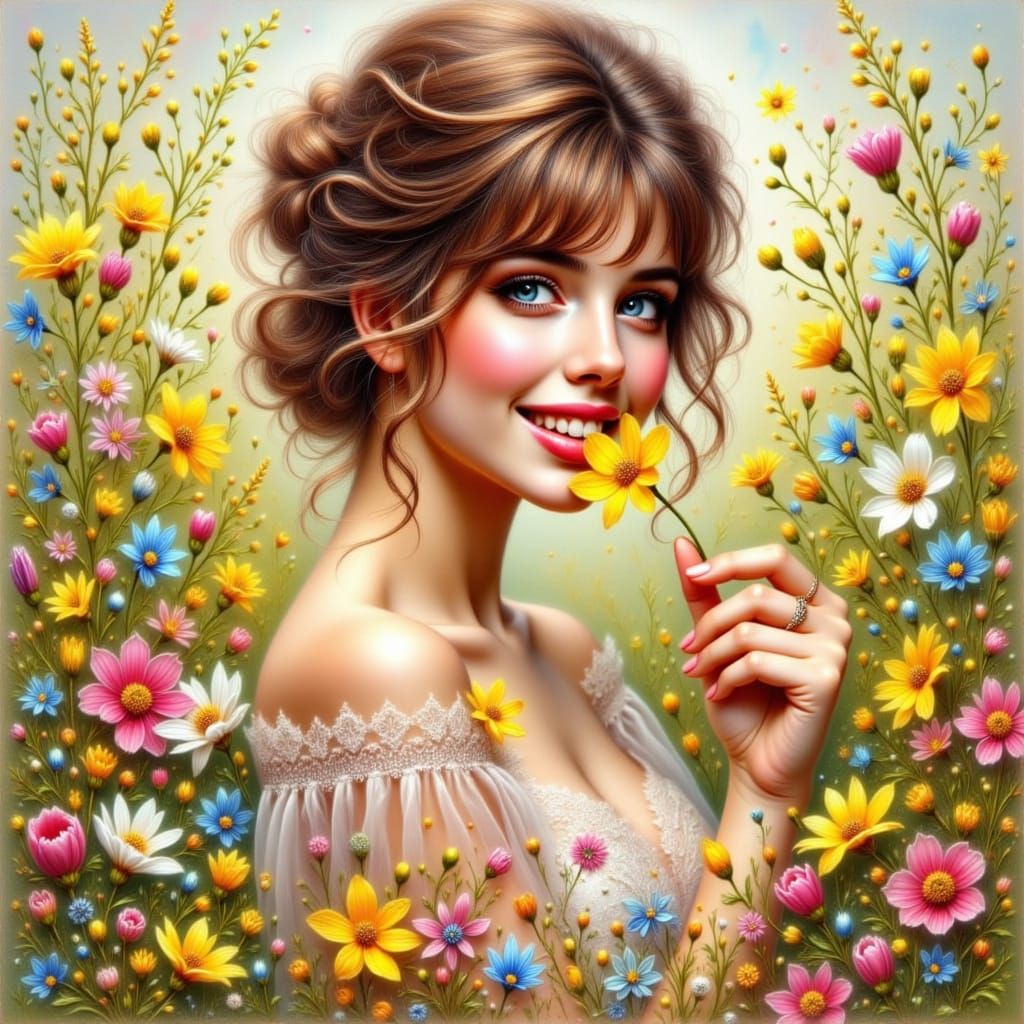 Vibrant Young Woman in Whimsical Springtime Meadow