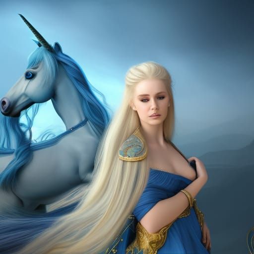 Woman Riding Unicorn in Fantasy Art Style