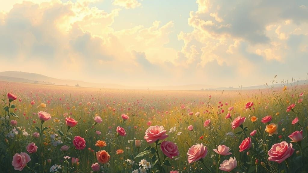Ethereal Wild Roses Meadow in Misty Fantasy Style
