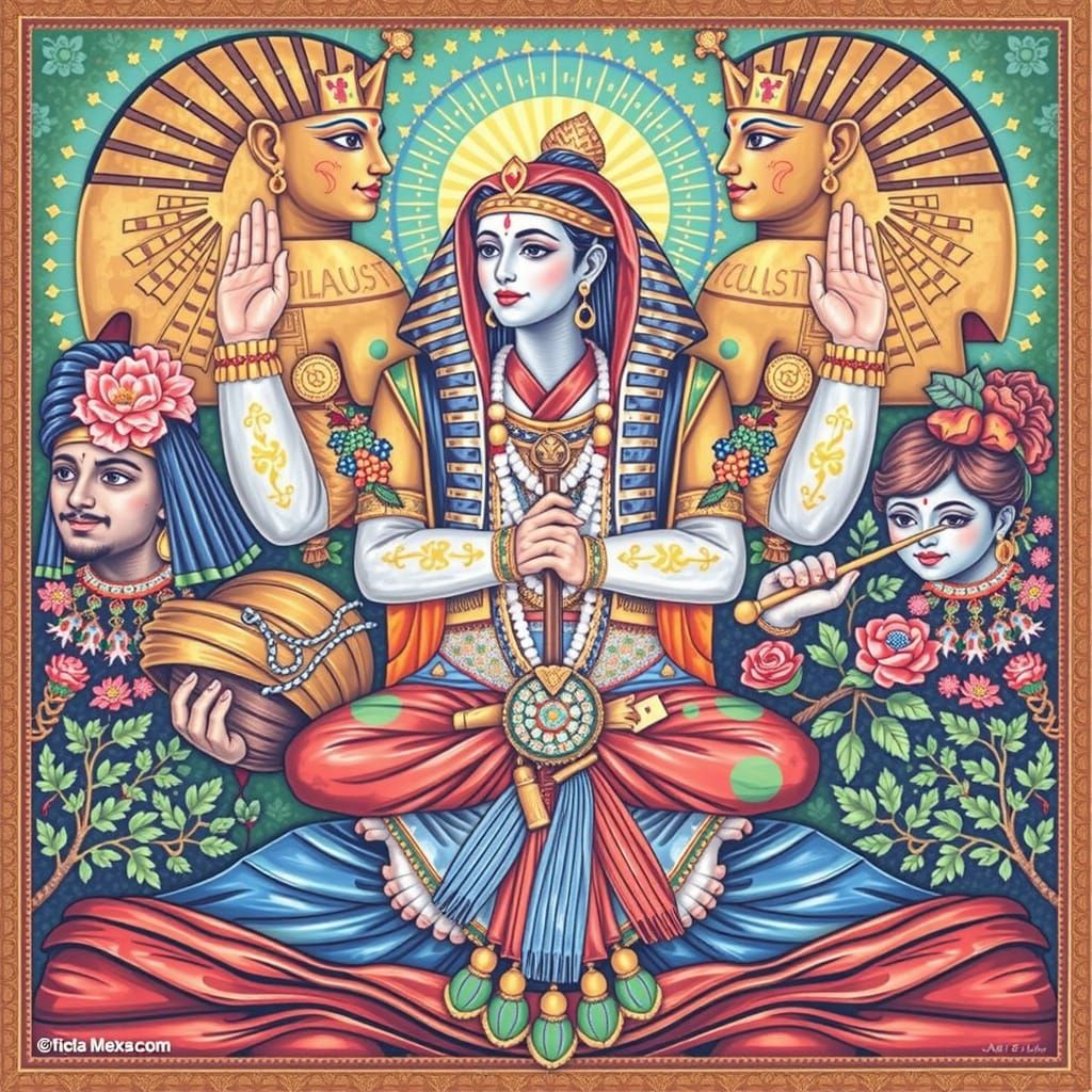 Tutankhamun, Harlequin, Geisha, and Krishna Mashup