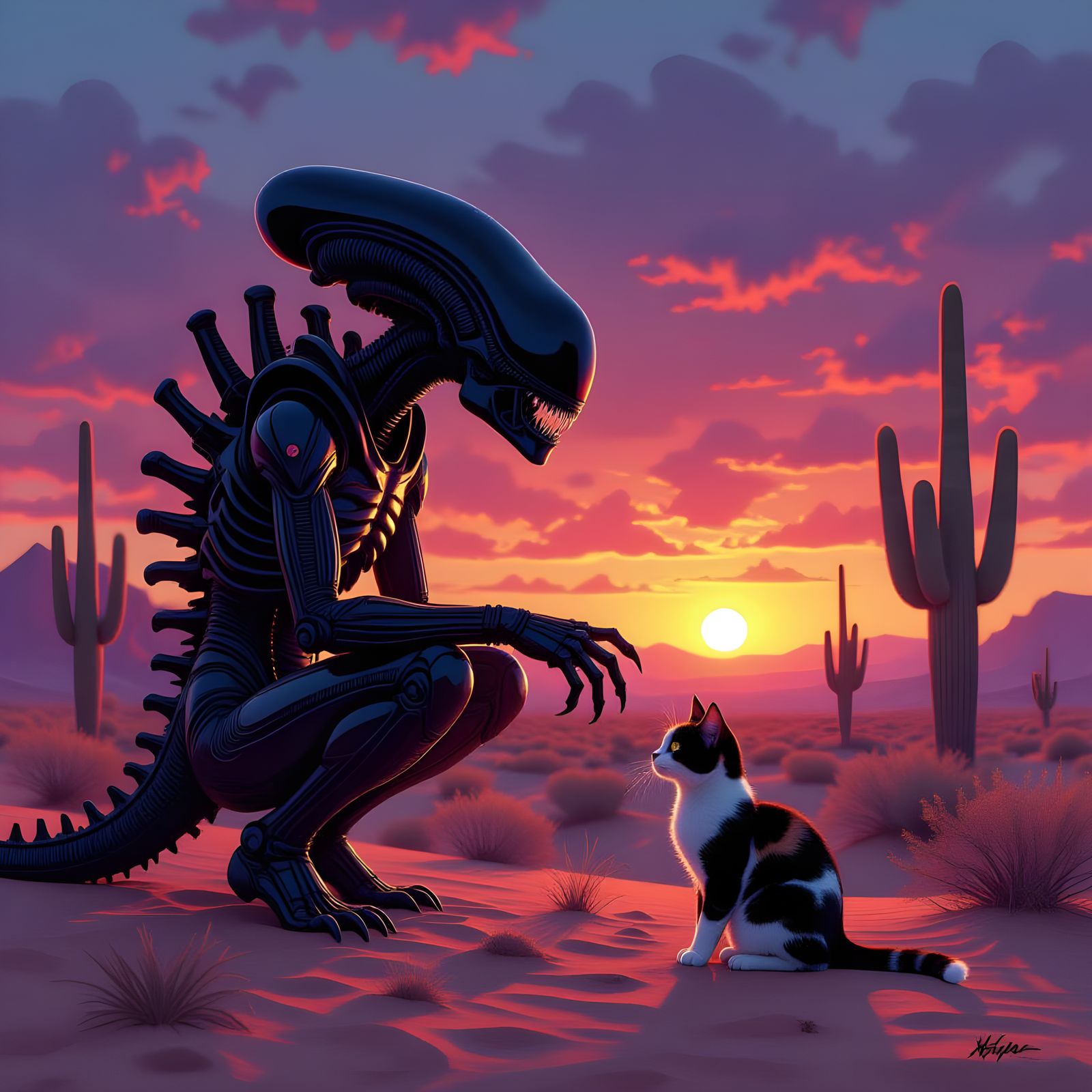 Xenomorph Alien Interacts with Calico Cat in Desert Landscap...