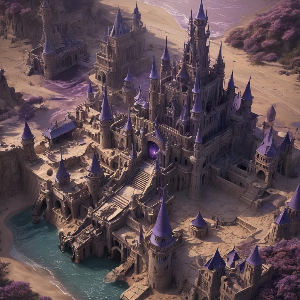 Majestic Sandcastle with Waterways: Dark Fantasy Art