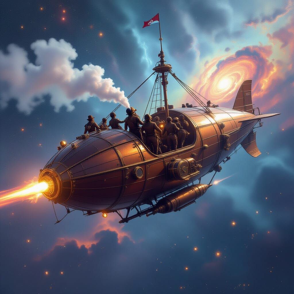 Steampunk Airship Soaring Through Space Nebula