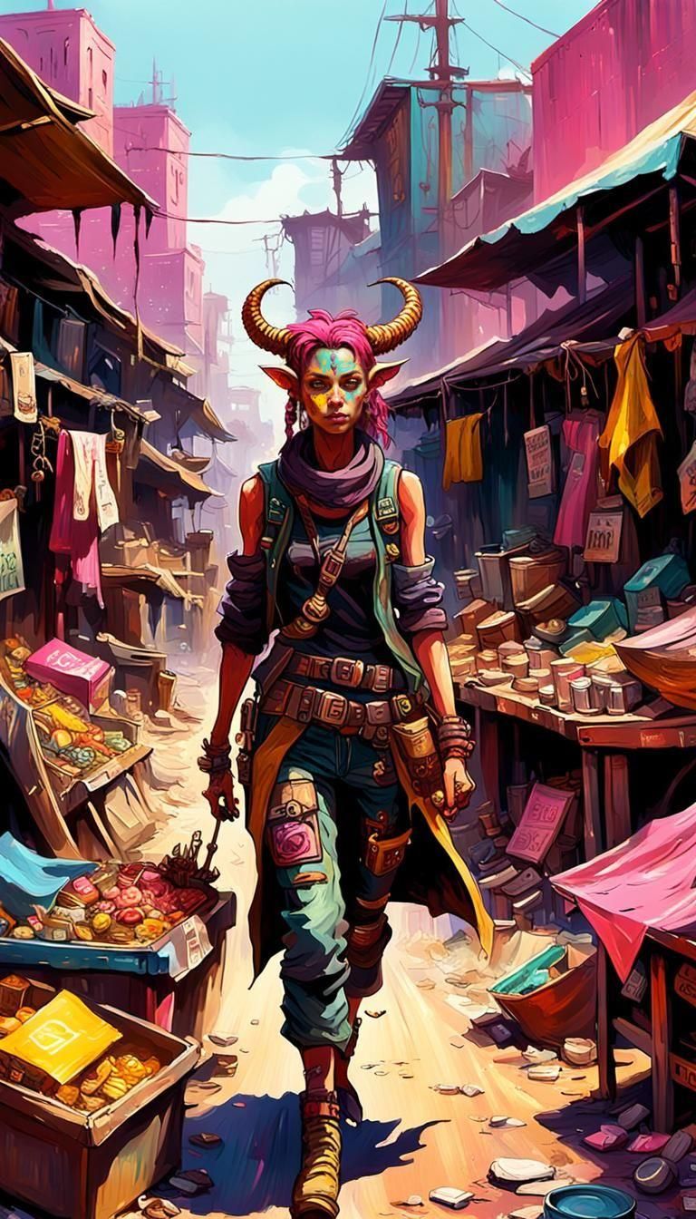 Junk Punk Tiefling in Scrap Town: Impasto Oil