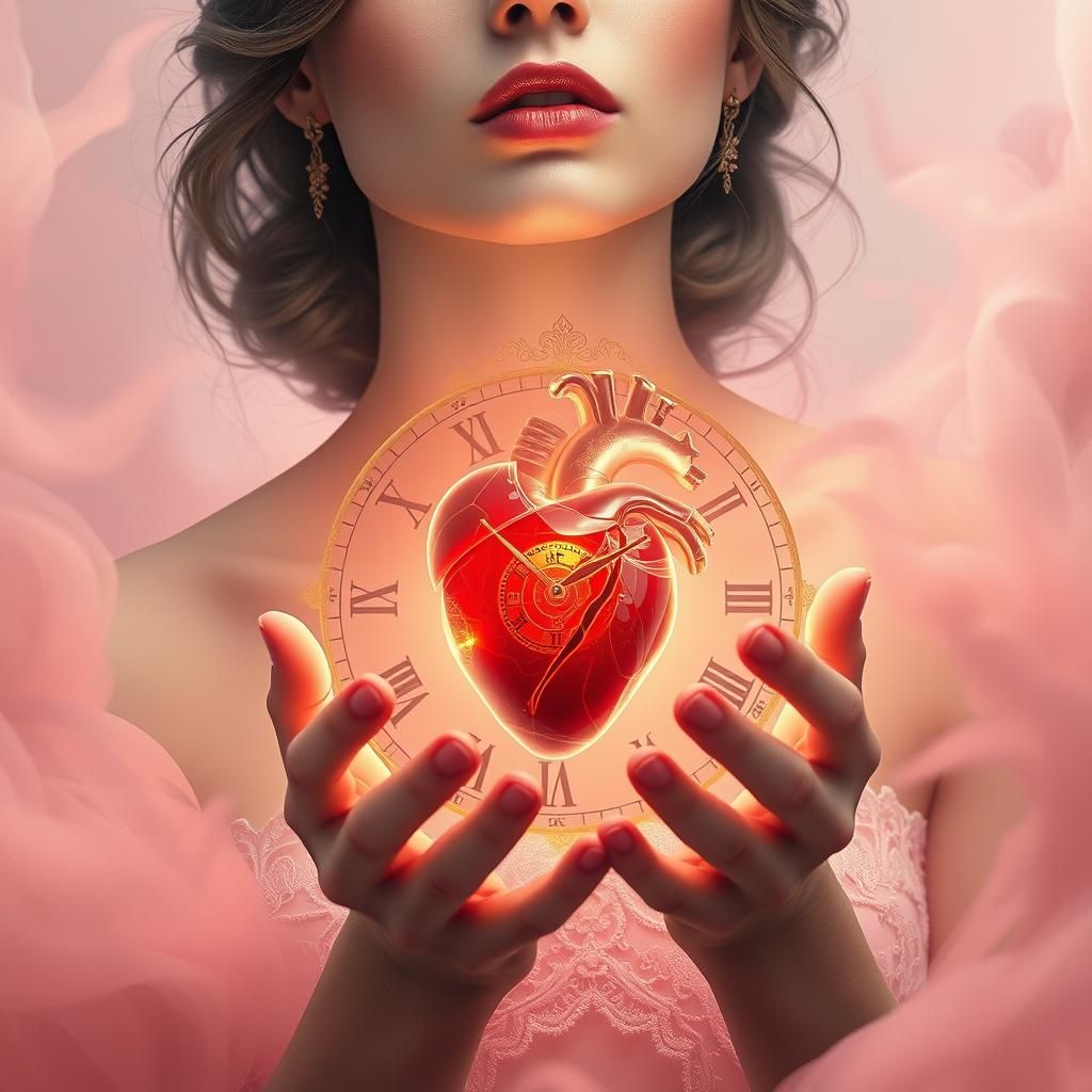 Woman Holding Clockwork Heart with Golden Light