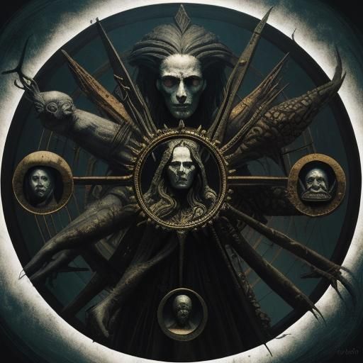 Surreal Vitruvian Figure with Women and Animals