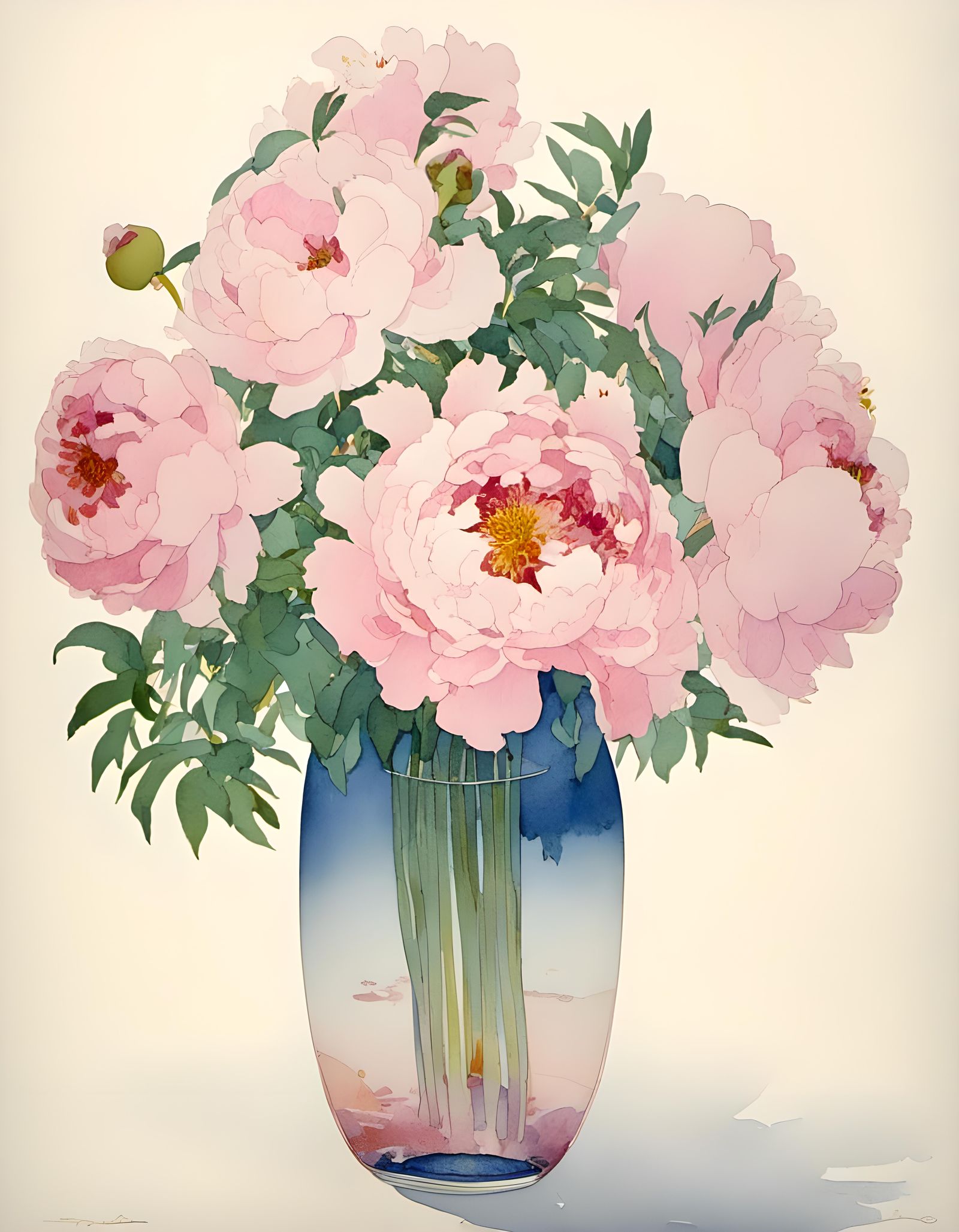 Watercolor Pink Peonies in Glass Vase