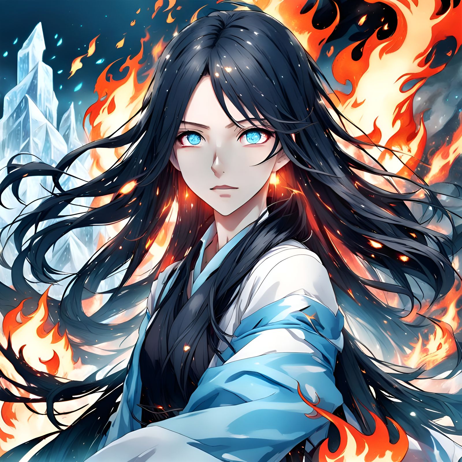 Anime Woman with Fire and Ice