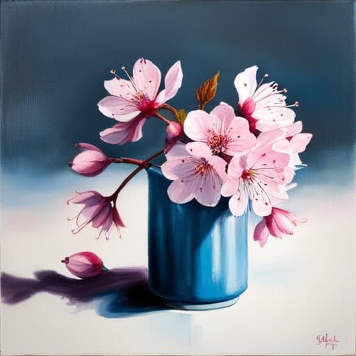Cherry Blossom Still Life in Japanese Painting Style