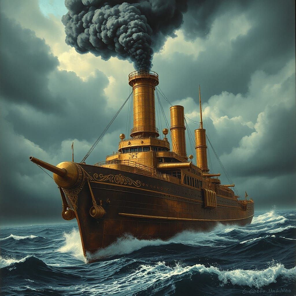 Steam-Powered War Ship Battles Stormy Seas