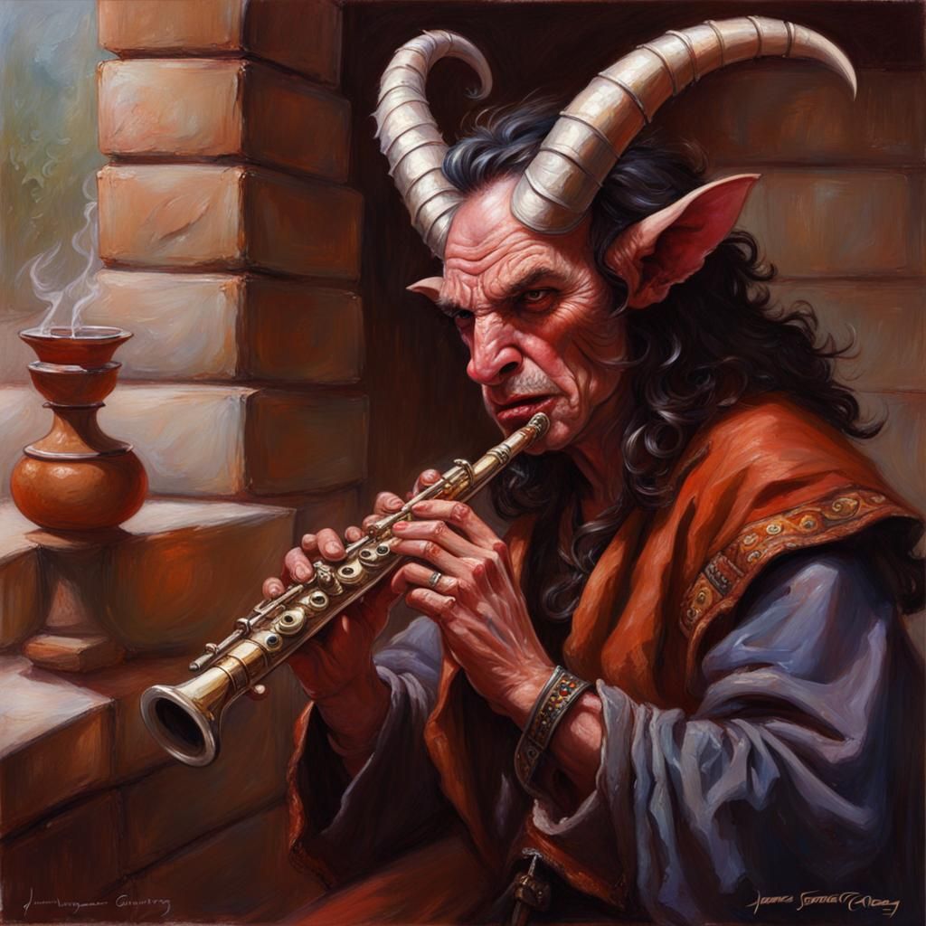Tiefling Bard Playing Flute, Oil Painting