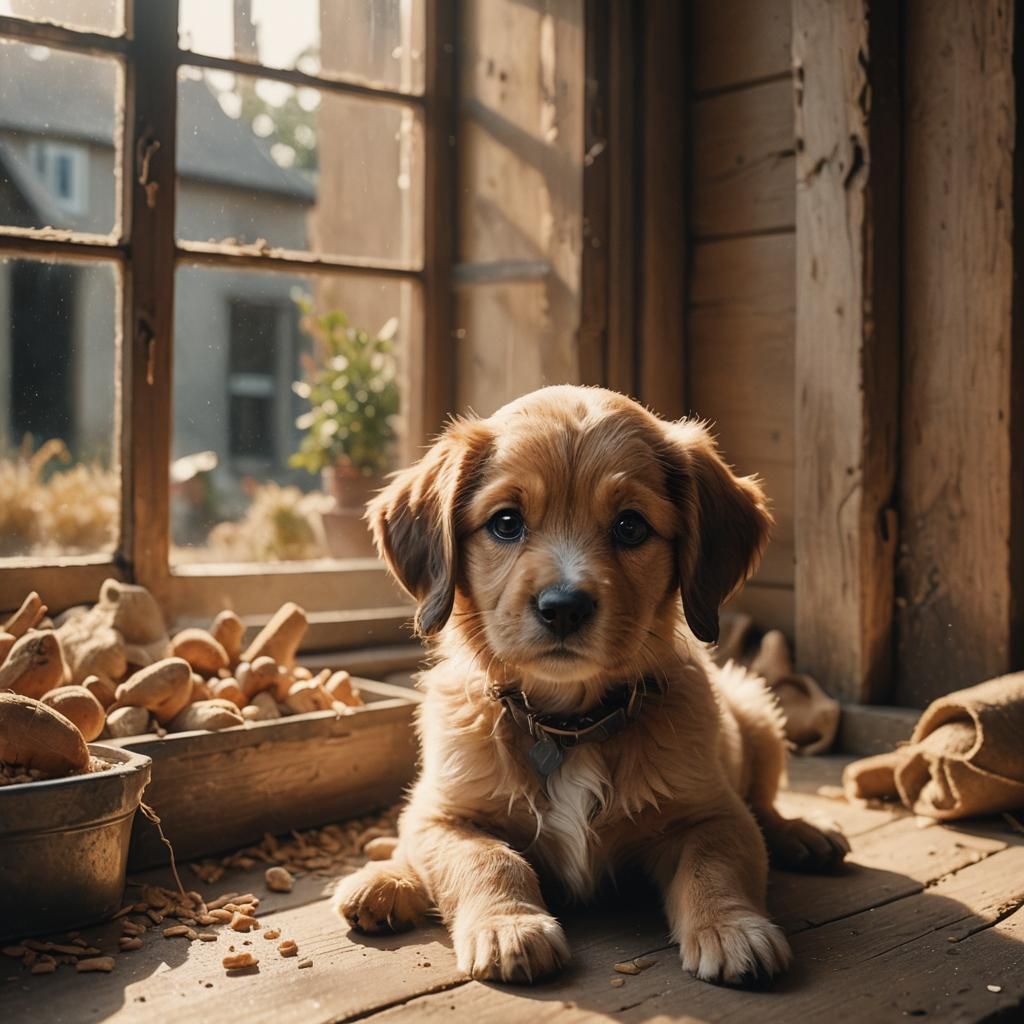 Cute Puppy in Rustic Window: Cinematic Film Still