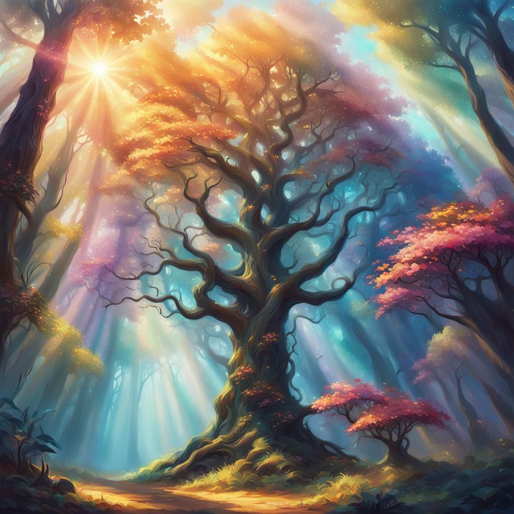 Mystical Tree of Paradise in Vibrant Oil Painting
