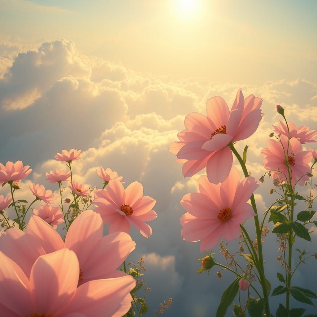 Dreamlike Cloud Garden With Golden Sunlight and Giant Pastel...