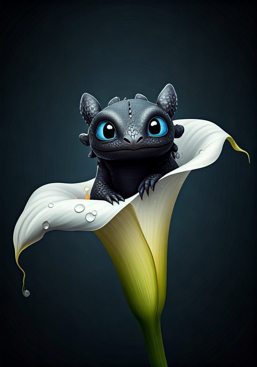 Cute Black Dragon in Calla Lily, Digital Art