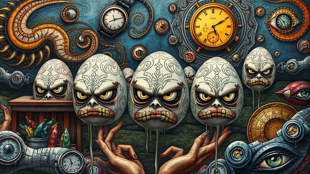 Surreal Angry Eggs in Metallic Surrealist Style