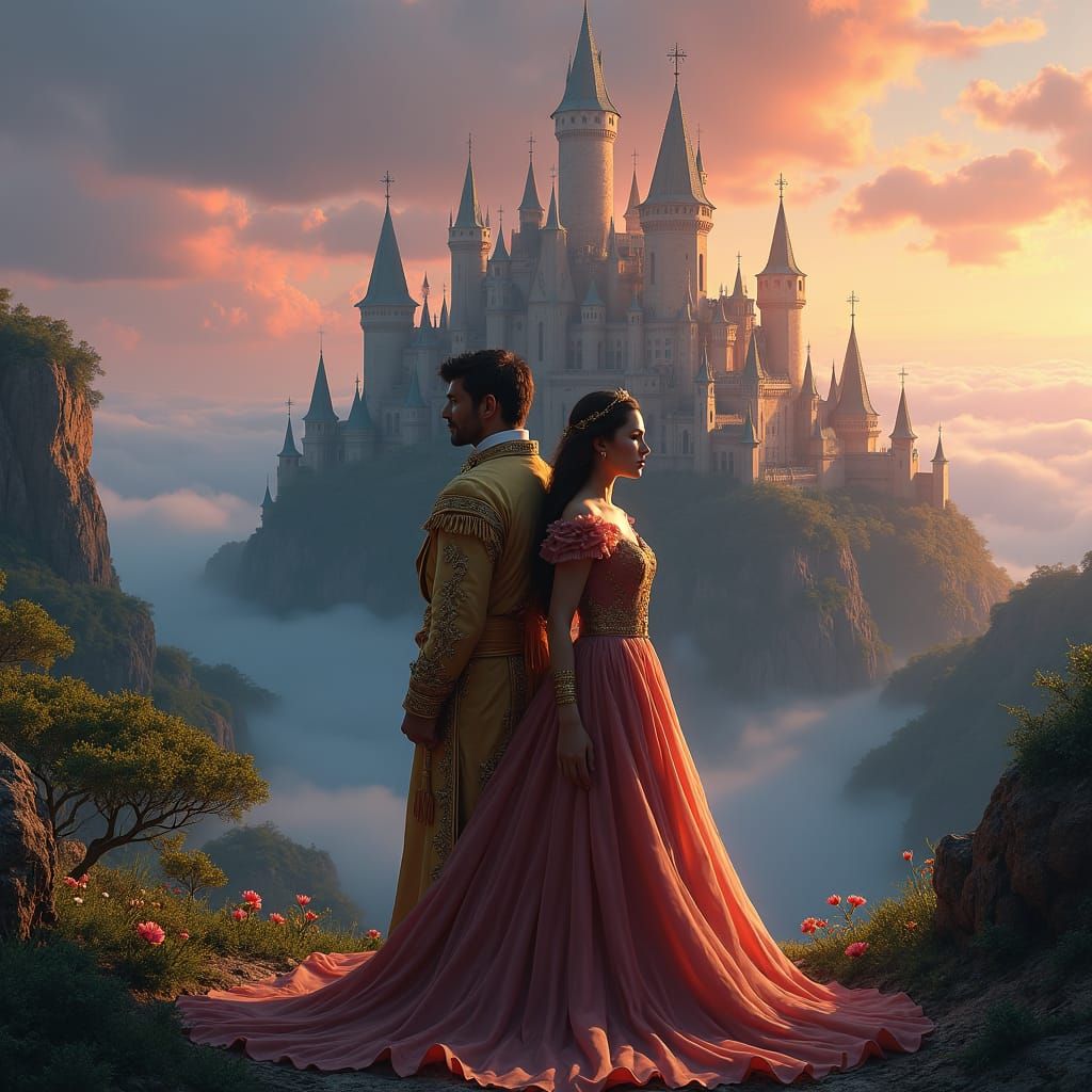 Regal Couple Gazing at Mystical Castle