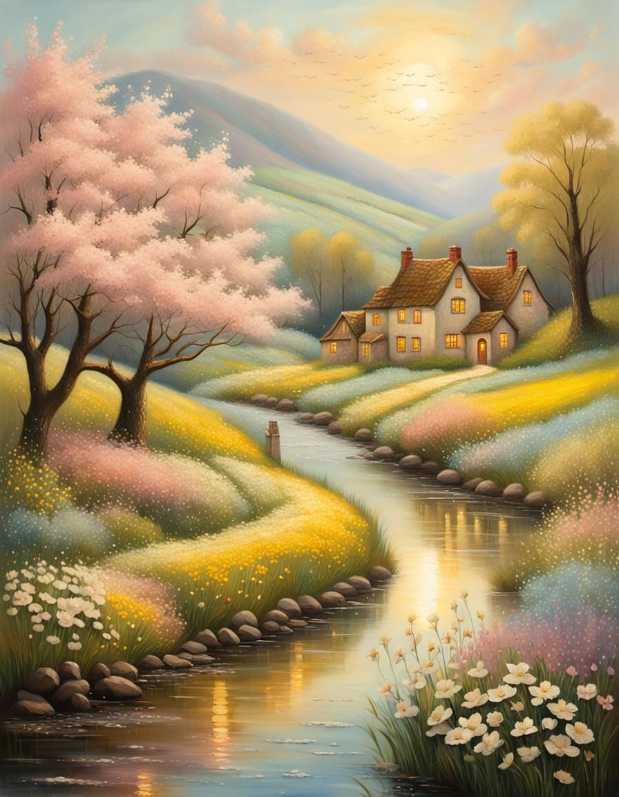 a calm village surrounded by spring fields in the soft sunli...