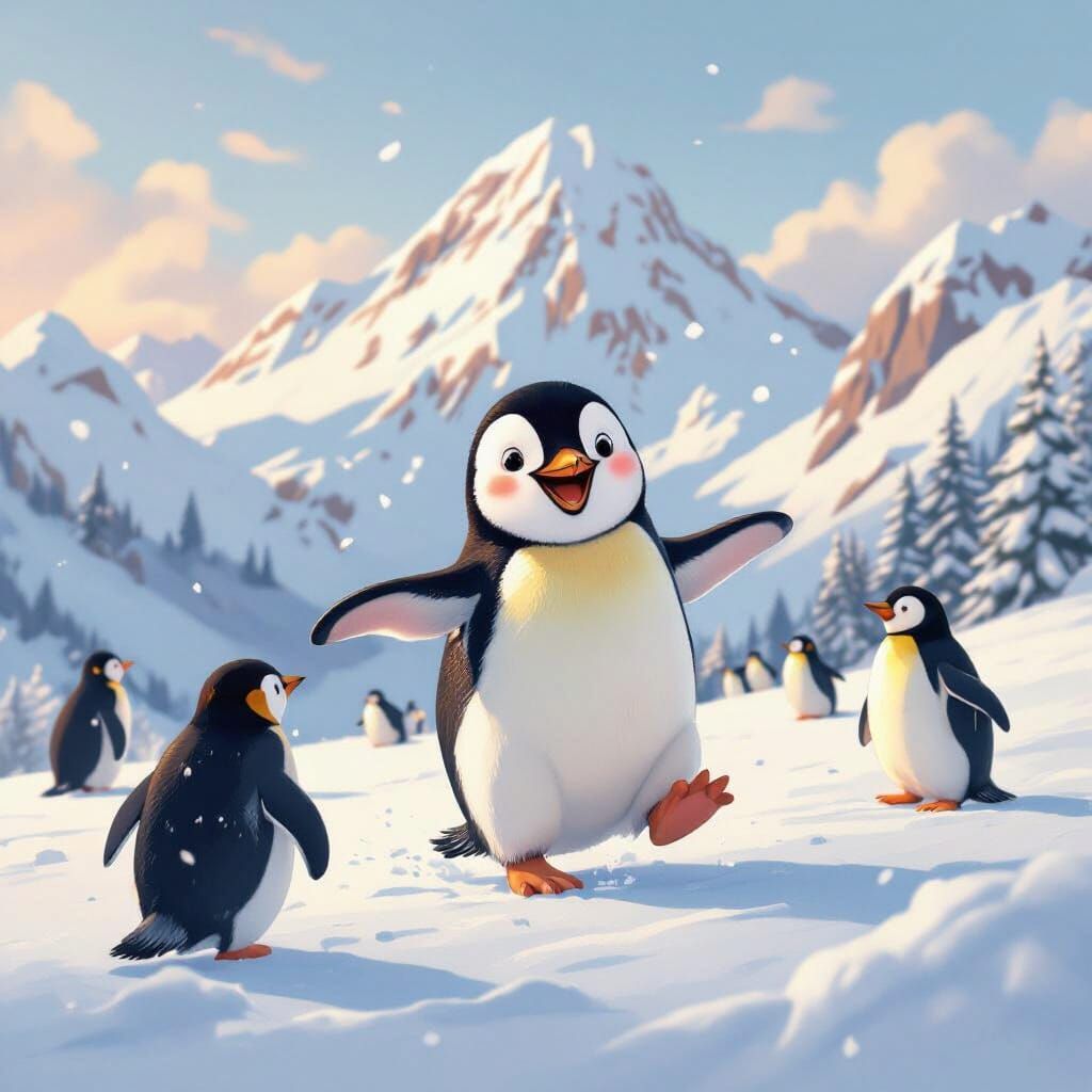 Joyful Penguins Explore Snowy Mountain in Whimsical Style